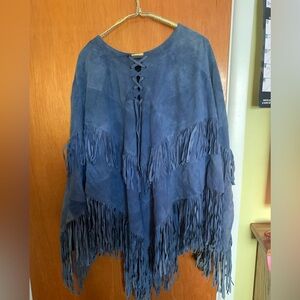 Vintage Leather Blue Fringe Poncho